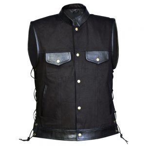 Denim and Leather Waistcoat with Side Laces