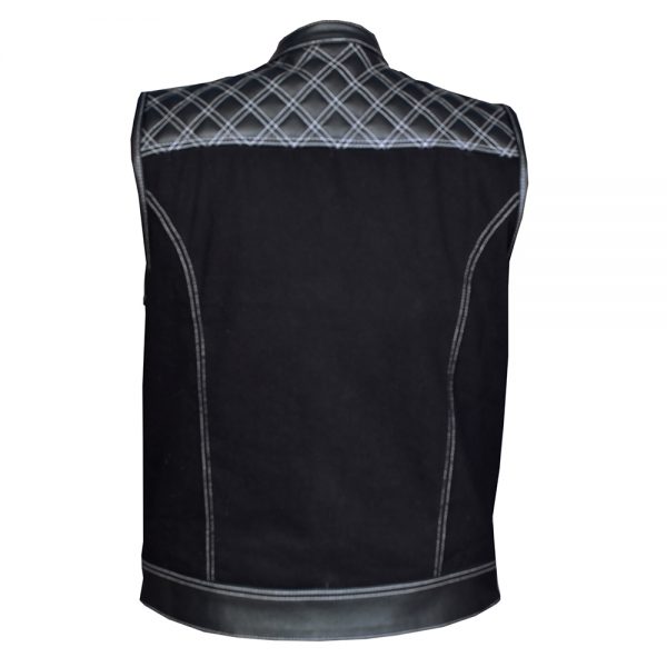 Leather And Denim Waistcoat With White Diamond Stitch