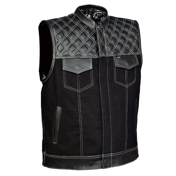 Leather And Denim Waistcoat With White Diamond Stitch